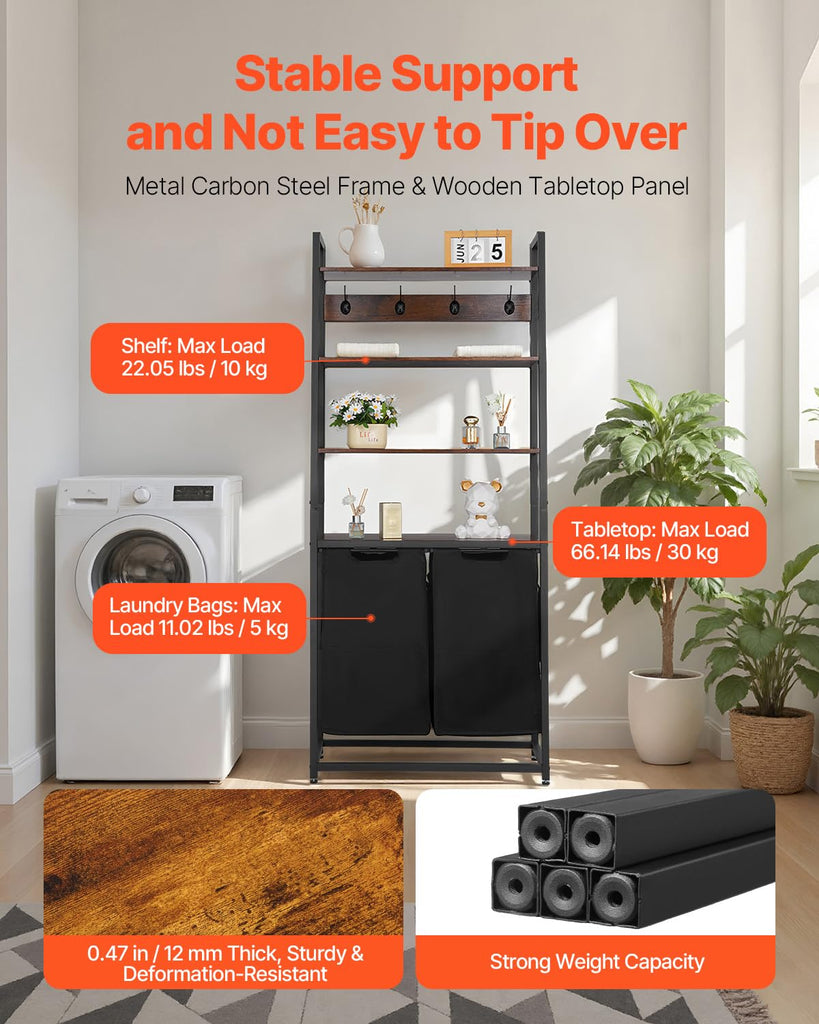 4 Tiers Laundry Sorter, Tall Laundry Hamper with Shelves and Hooks, 2 Section Freestanding Basket Organizer Storage