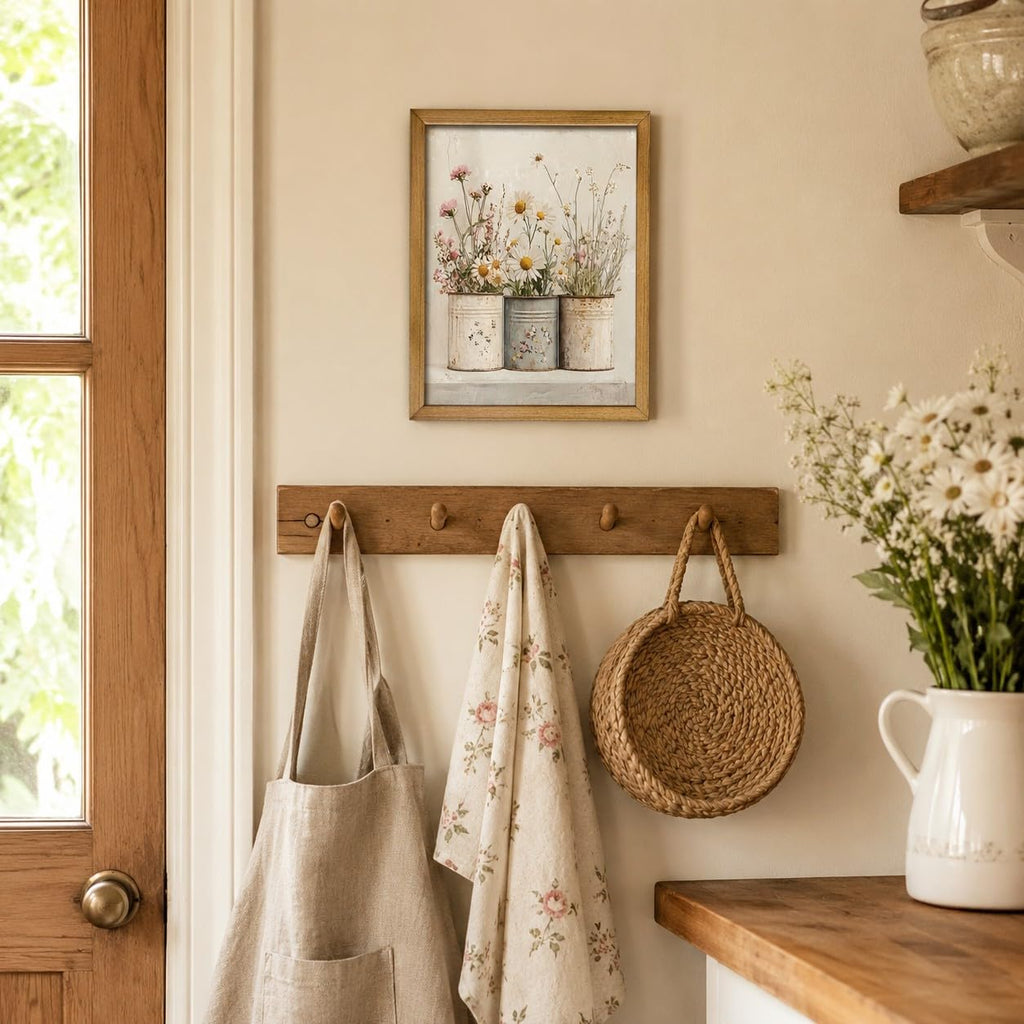 Daisy Floral Wall Art, Rustic Farmhouse Wood Framed Canvas 12x16 Inch
