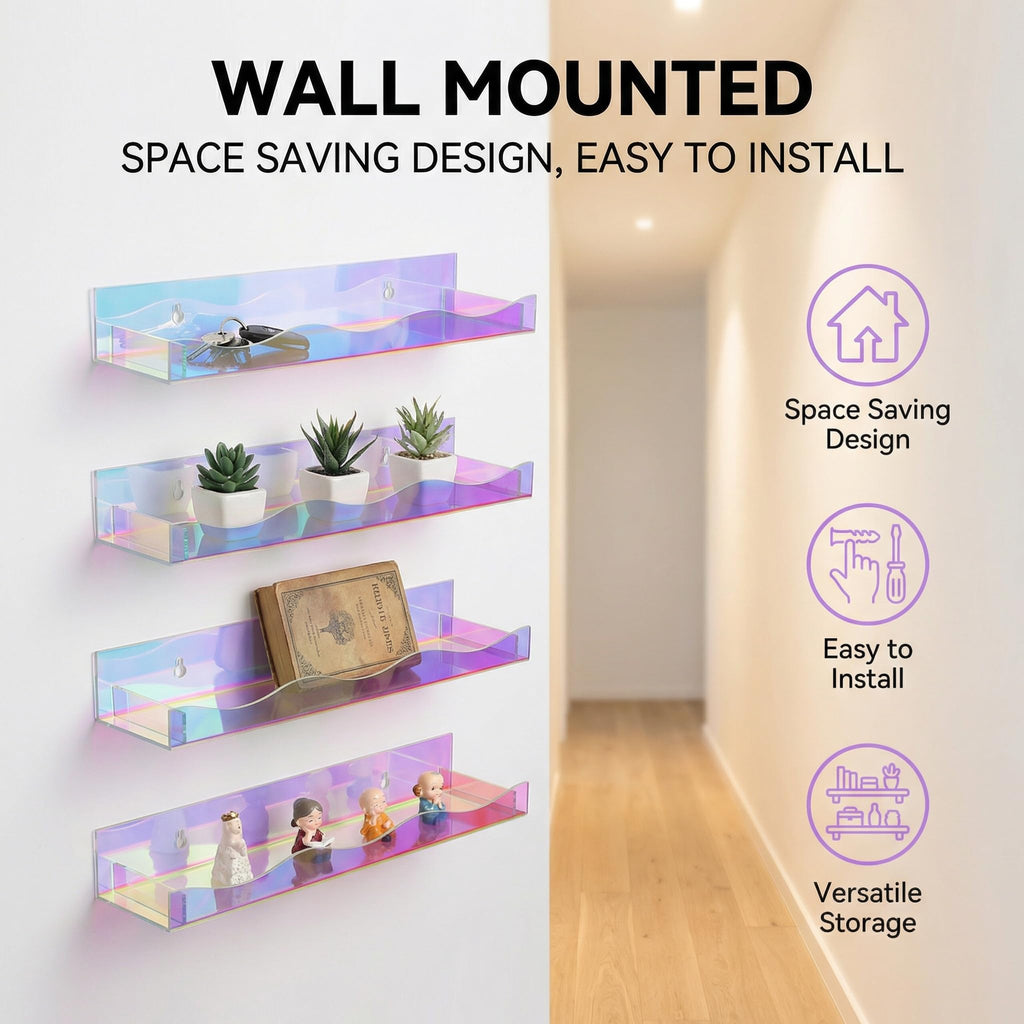 4 Pack 15" Iridescent Acrylic Floating Shelves, Wall Mounted Floating Bookshelf Organizer for Room, Clear Nail Polish