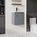 16-Inch Wall-Mounted Bathroom Vanity with Ceramic Sink – Modern Floating Small-Space Cabinet with Soft-Close Door, Pop-Up Drain & P-Trap Included, Gray (No Faucet)