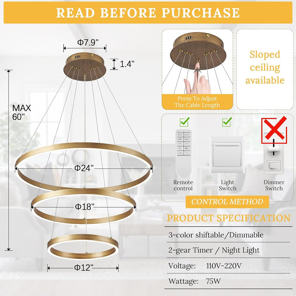 LED 3-Ring Chandelier Gold Dimmable Modern Pendant Light with Remote Control Vintage Brass LED Circle Chandelier for