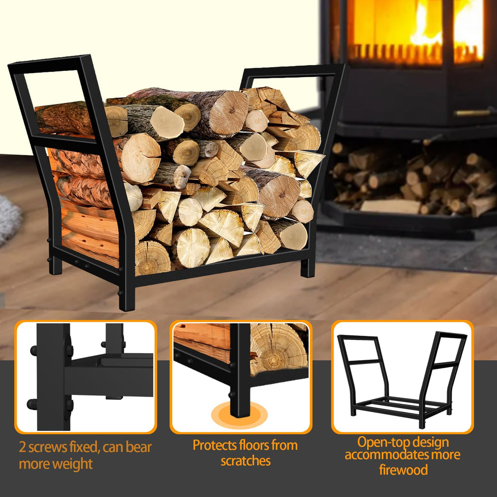 24in Small Firewood Rack Metal Indoor Log Holder for Fireplace, Outdoor Patio, Fire Pit, Stove - Black
