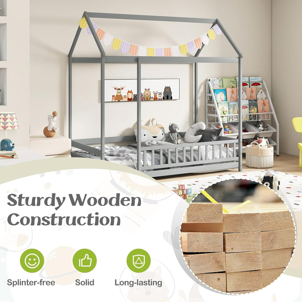 Floor House Bed, Wooden Montessori Bed with Roof &Full-Length Safety Guardrail, Floor Playhouse Bed Frame