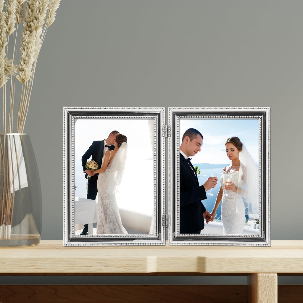 Hinged Double (Vertical) Metal Picture Frame Silver-Plate with Delicate Beading, 5 by 7-Inch