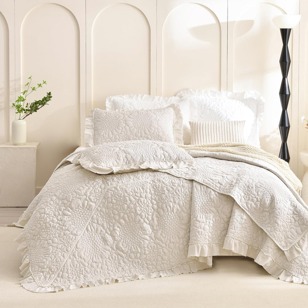 Wheat Oversized King Bedspreads 128x120 for Extra Bed, 3Pcs Stone-Washed Quilt Set Soft Bedding Set, Quilted Crinkled
