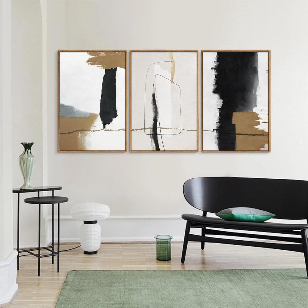 Black and White Abstract Framed Canvas Wall Art Set of 3, Beige Neutral Art Prints, Minimalist Modern Wall Decor