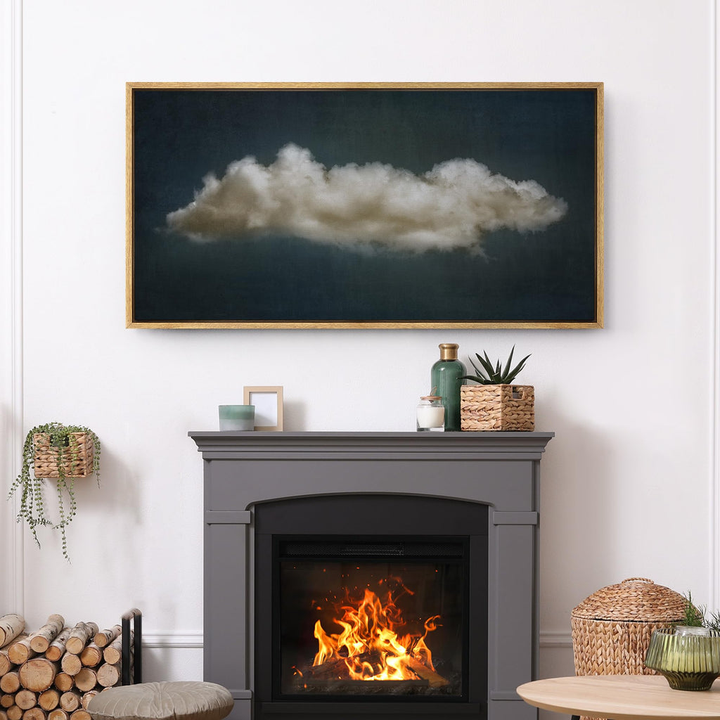 Extra Large Framed Canvas Print Wall Art Single Fluffy Cloud on Dark Sky Minimalist Atmospheric Illustrations Modern