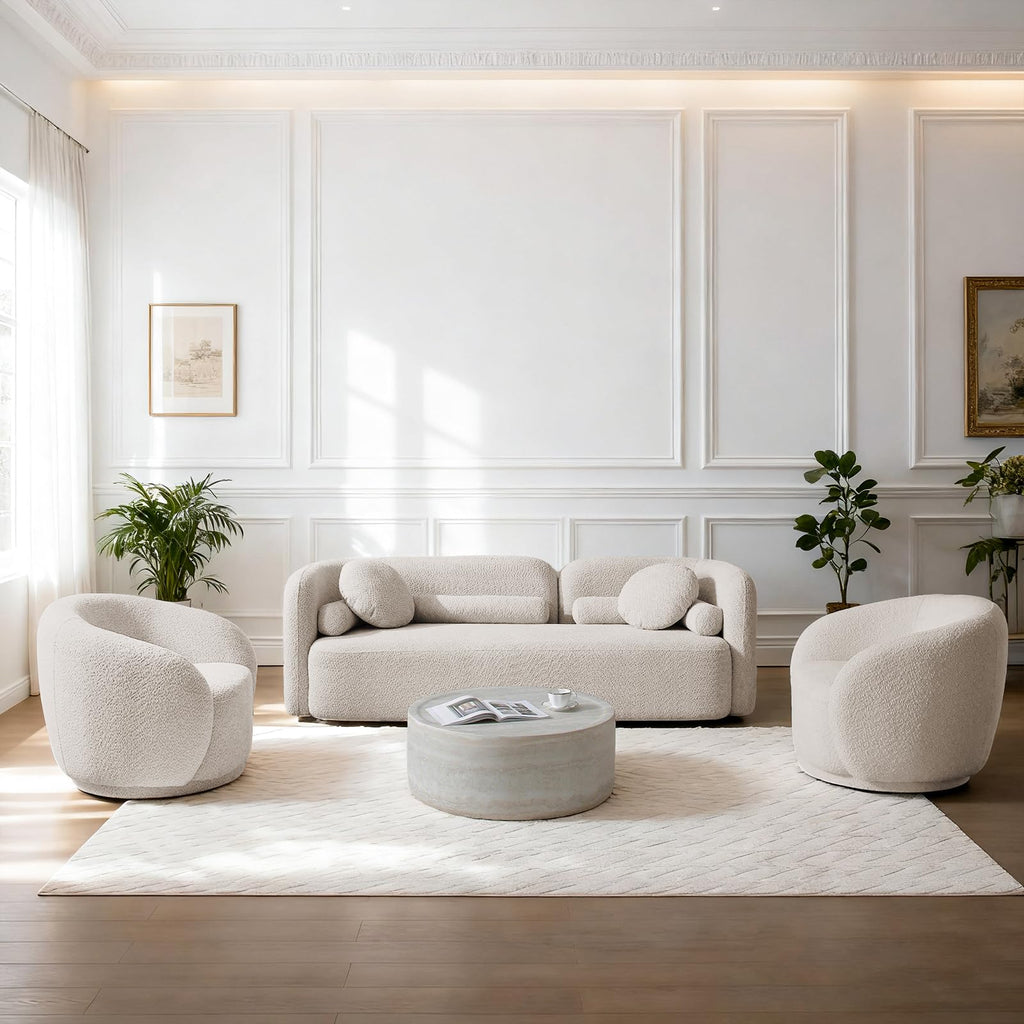 Beige Curved Back Sofa Set of 3, 5 Seater, Solid Wood Frame, Boucle Fabric