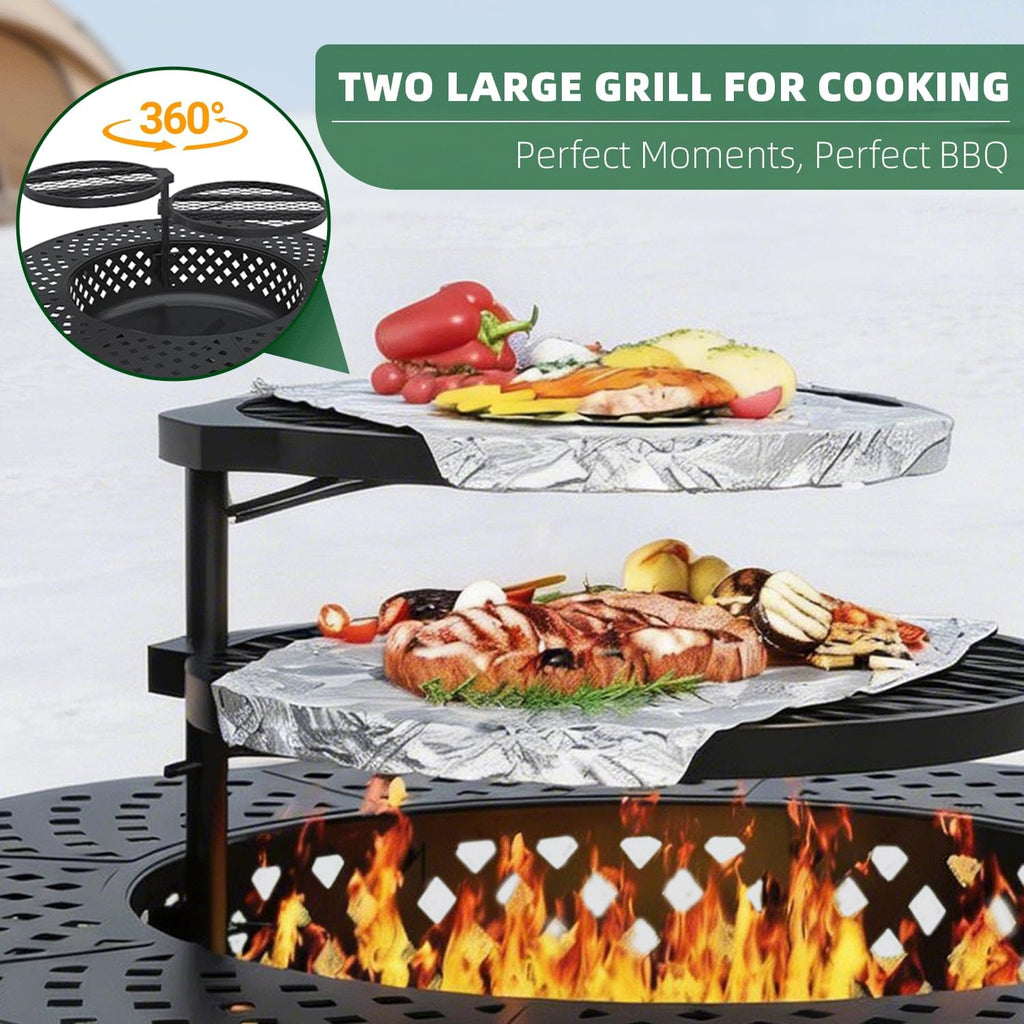 43 Inch Fire Pit with 2 Grill, Outdoor Wood Burning Firepit with Lid, Metal Round Table
