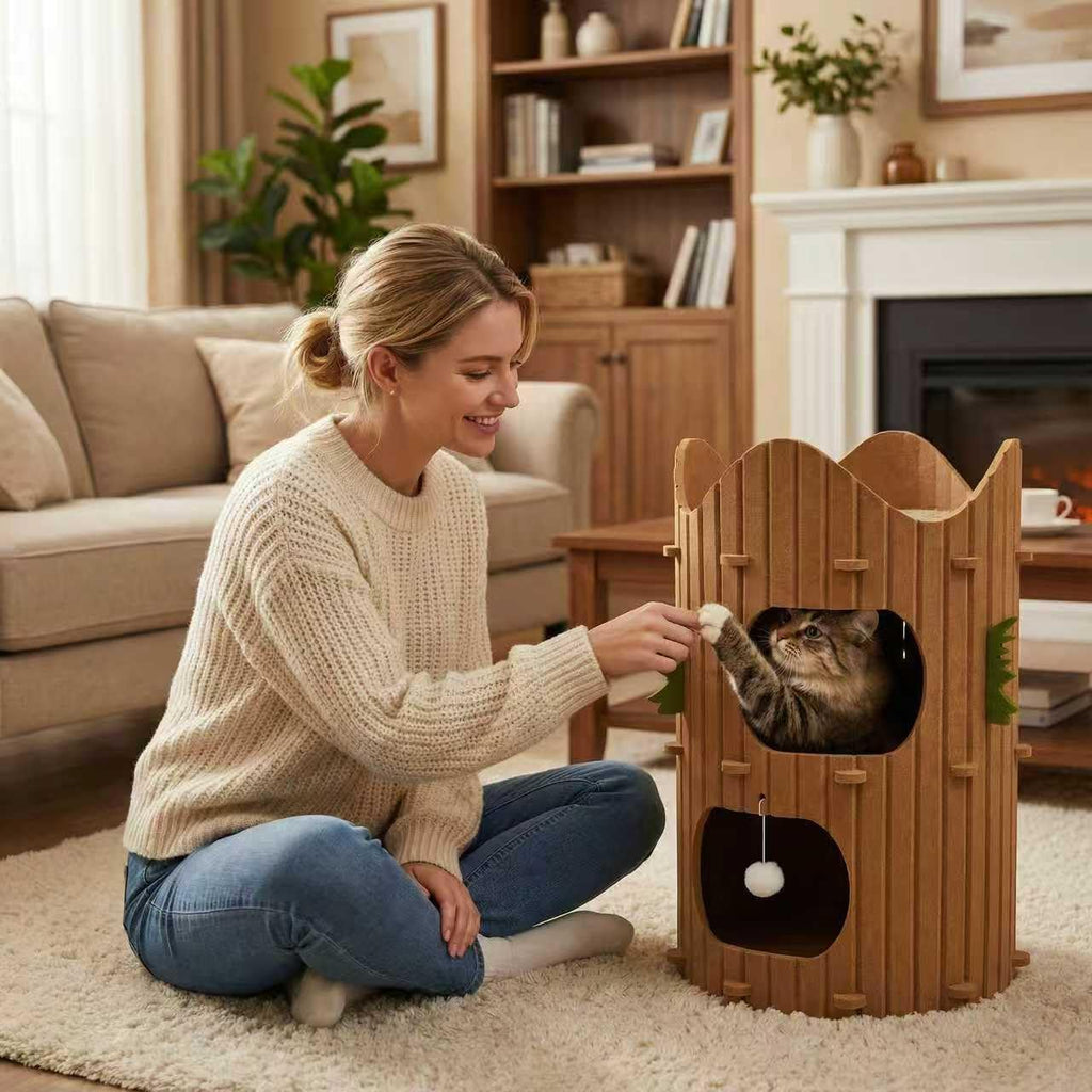 2-Tier Felt Cat House Thickened Felt Cat Cave House with Hanging Toy Ball, Enclosed Sleeping Nest for Cats, Indoor