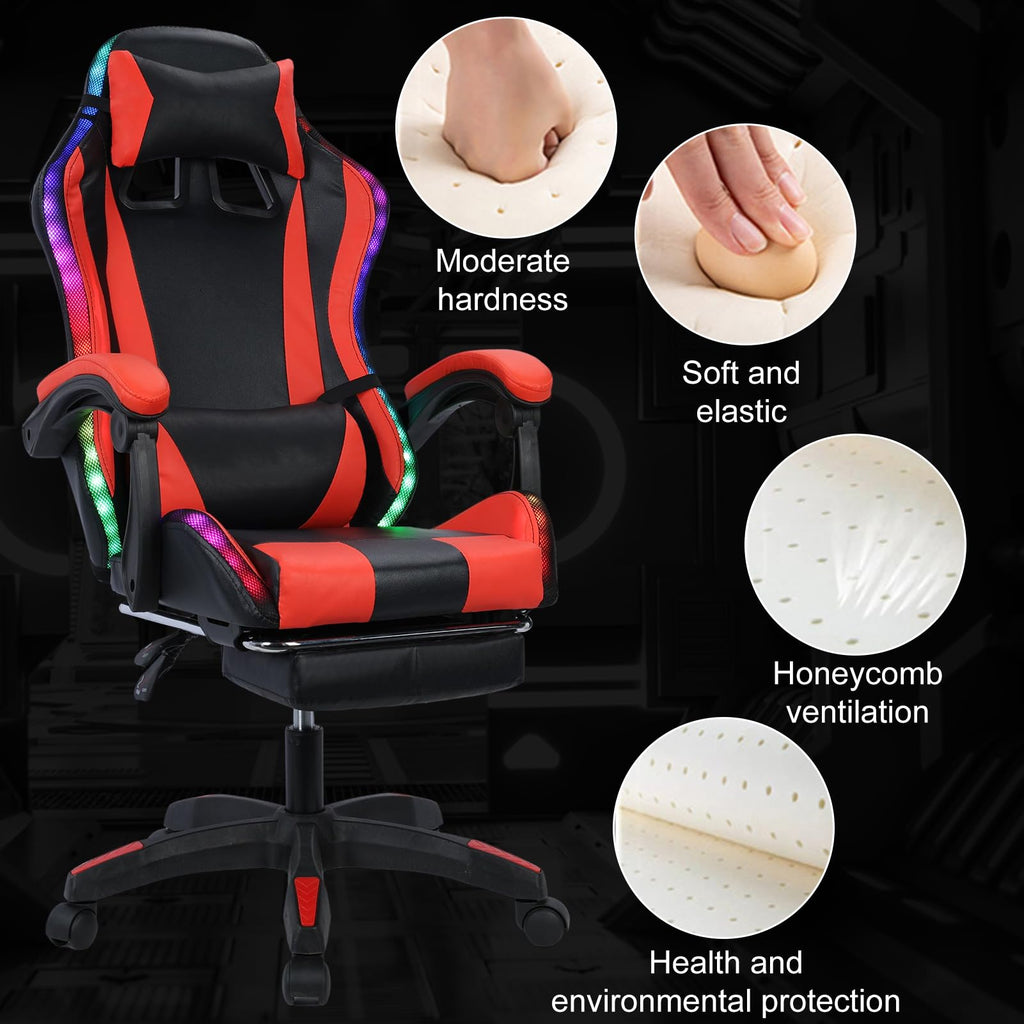 Gaming Chair with Bluetooth Speakers & Lights, Ergonomic High-Back Office Chair with Headrest & 135° Recline, 360°