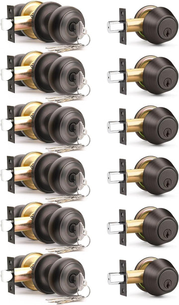 6 Pack Keyed Alike Front Door Knob and Deadbolt Set, Entry Door Locksets with Single Cylinder Deadbolt, Oil Rubbed