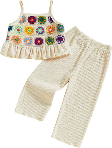 Toddler Baby Girl Summer Outfits Crochet Camisole Top and Linen Pants 2PC Kids Bohemian Beach Clothes for Girls