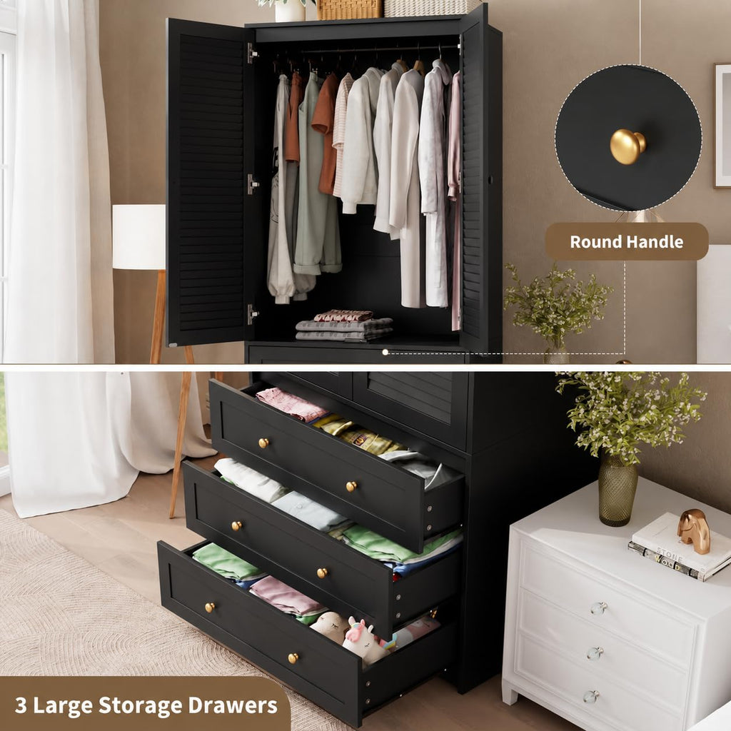 70" Wardrobe Armoire Wooden Closet with 3 Drawers, Black