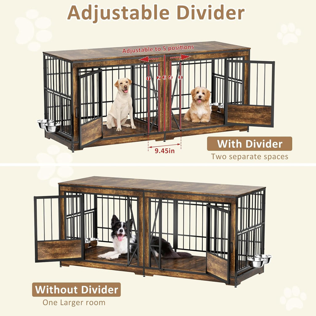 71 Inch Double Dog Crates Furniture for Large Dogs, Heavy Duty Dog Kennel Indoor with Adjustable Divider and 4 Bowls