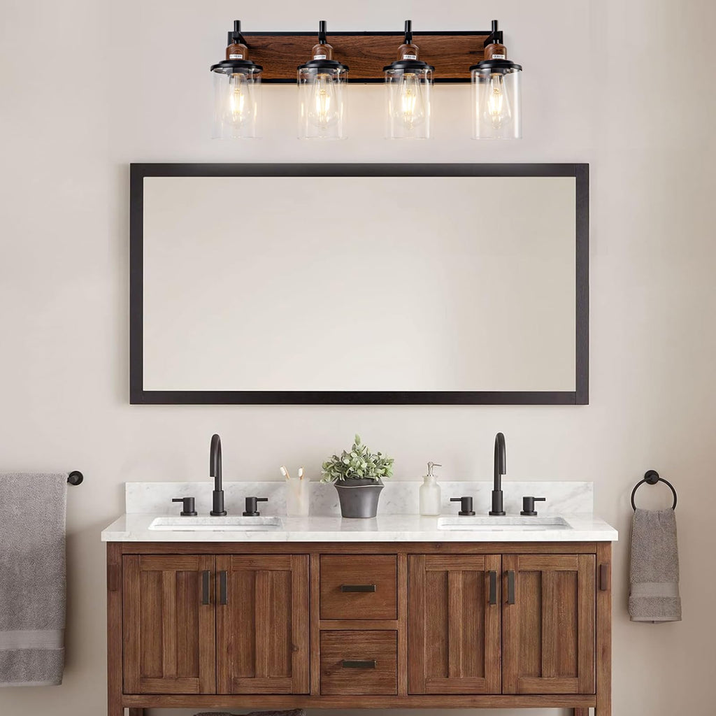 4-Light Farmhouse Bathroom Light Fixtures Vintage Bathroom Vanity Lights Over Mirror Black and Wood Painted Metal