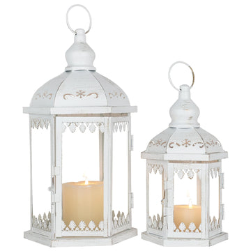Lanterns Decorative Outdoor&Indoor, Set of 2 (15"&11") White Metal Lantern Decor with Glass, Candle Holder for Porch