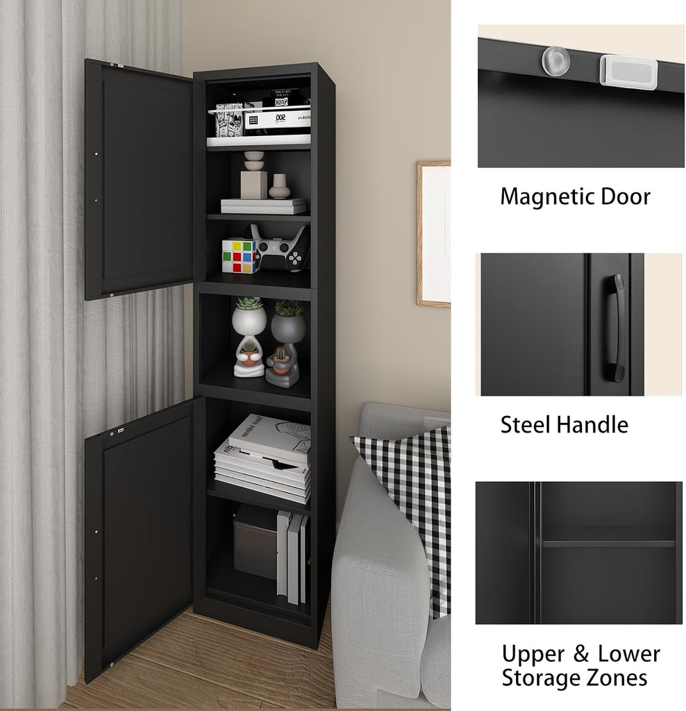 67" Metal Bathroom Storage Cabinet, Black | Tall Narrow Design, 2 Doors & 6 Shelves, Slim Skinny Cabinet, Multi-Room