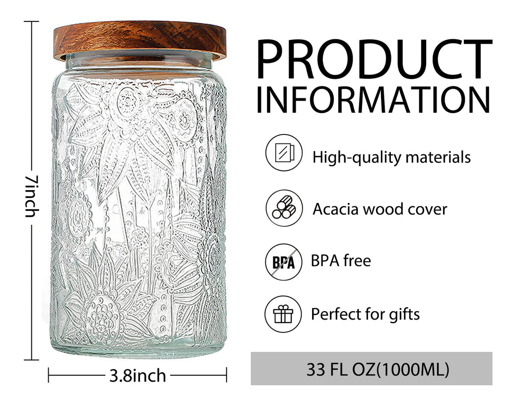 35oz/1000ml Glass Storage Jars with Nature Wood Lids, Airtight Food Storage Containers Organization, Large Capacity