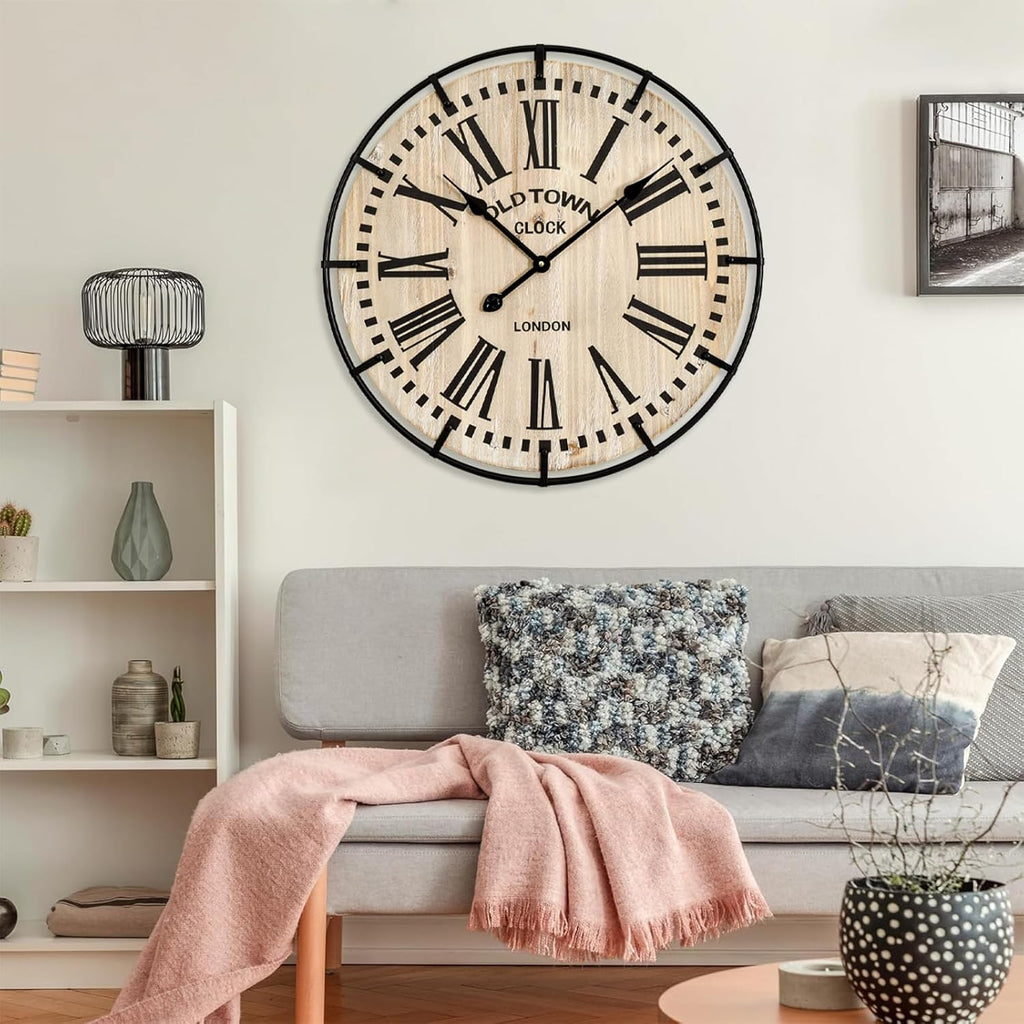 Rustic Farmhouse Wall Clock 24 Inch, Vintage Oldtown London Wooden Large Clock with Silent Tick, for Bedroom, Office