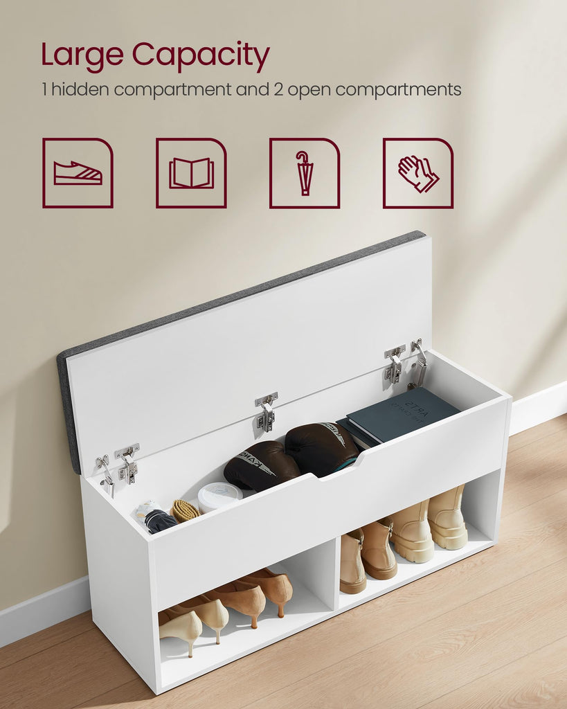 Shoe Storage Bench with Cushion, 2 Open and 1 Hidden Compartments