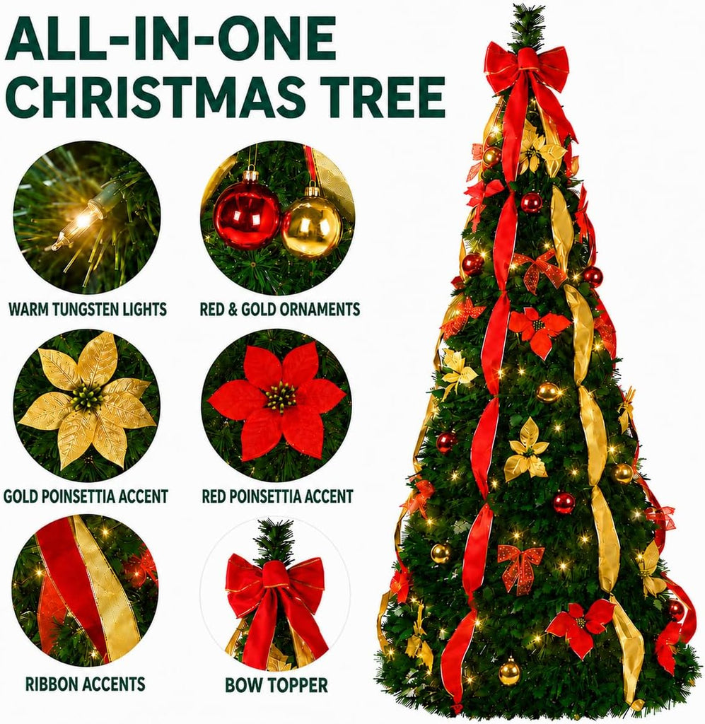 7.5Ft Prelit Pop Up Christmas Tree Decoration, Collapsible Artificial Xmas Tree with 200 Warm Lights, Pre Decorated