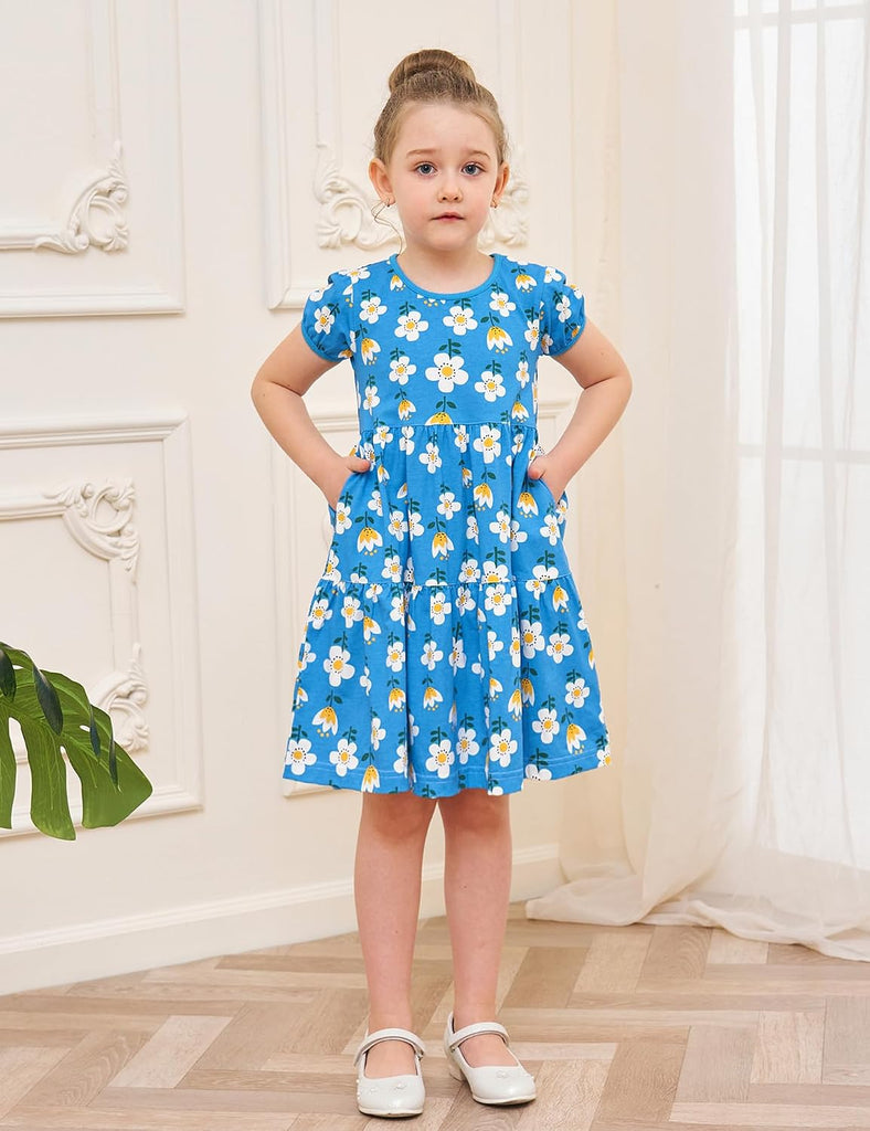Girl's Dresses Cotton Ruffle Sleeve Tiered Swing A-Line Cute Midi Casual Sundress