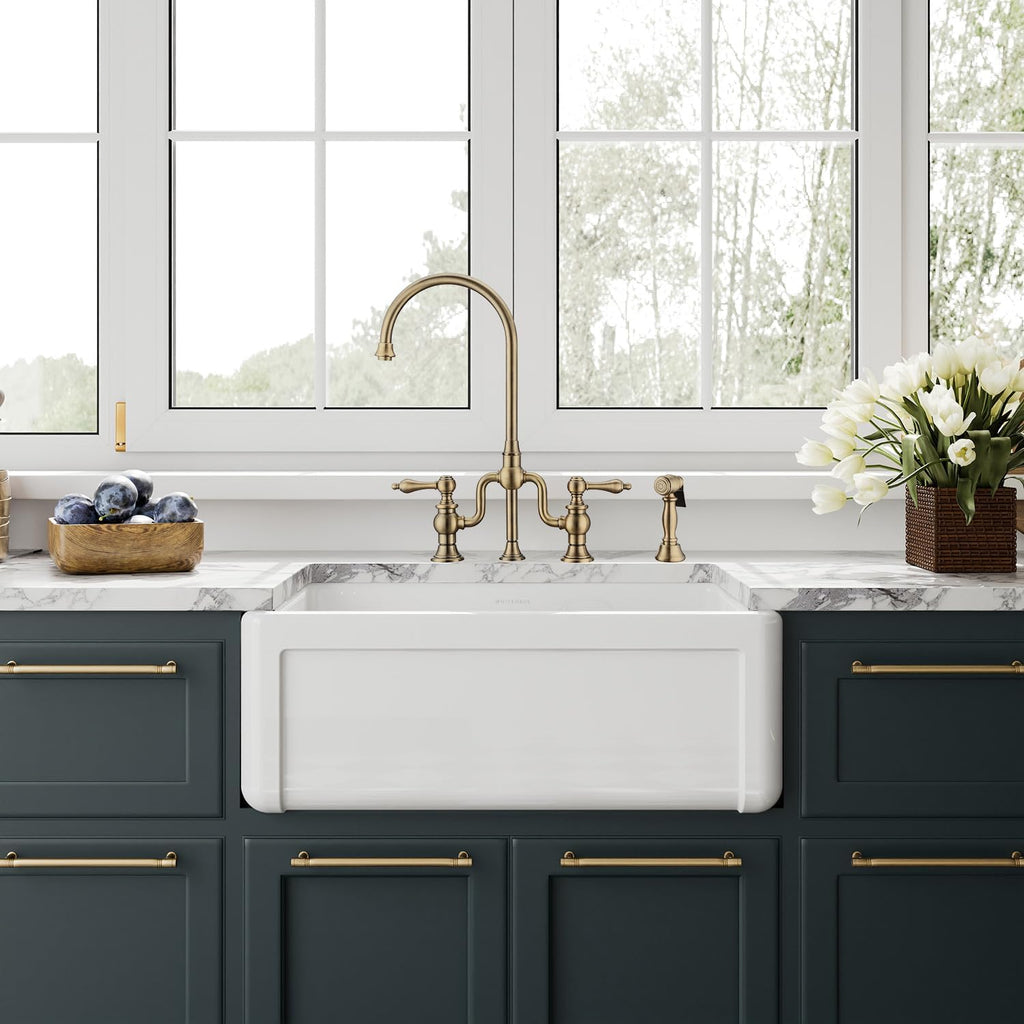 Kitchen Sink, 27" Reversible Single Bowl Fireclay Sink with Three Edge Frame, Plain Front Apron, Gloss White Finish