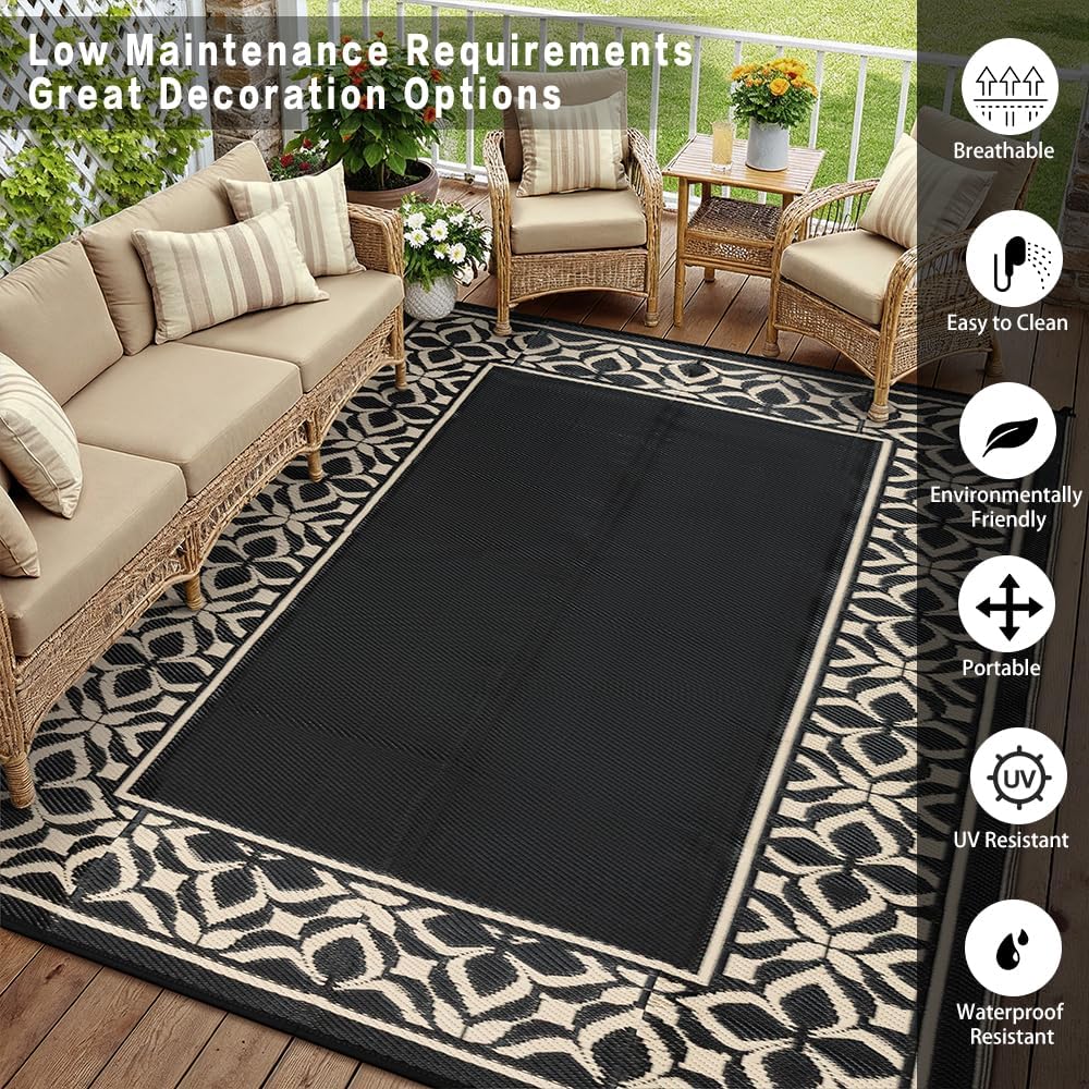 Outdoor Rug Black Beige Geometric