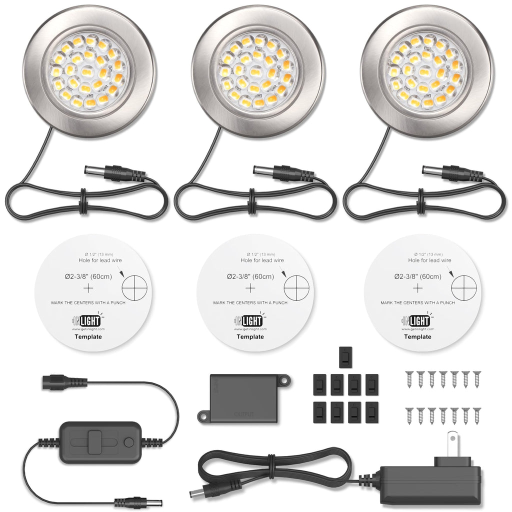 LED Puck Light Kit, 3-Pack, Plug-in, 3000K, Nickel