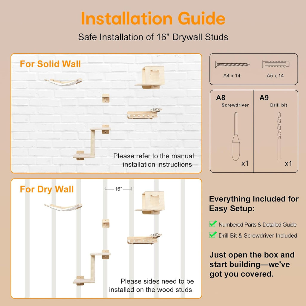 8-in-1 Cat Wall Shelves for Large Cats, Wall Mounted Cat Furniture with Feeding Station&Extra Wide Hammock, Heavy