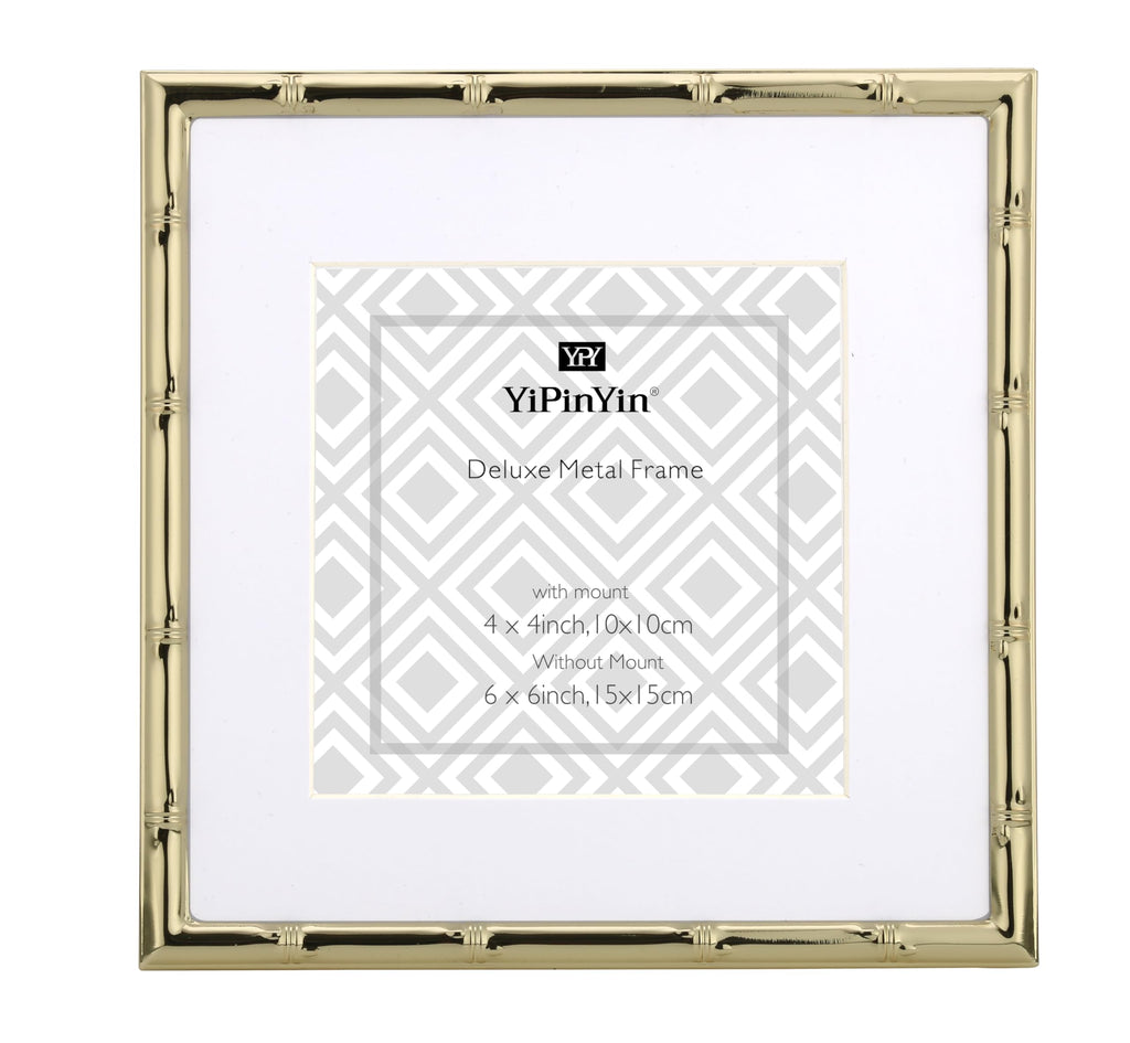 6x6'' Sqaure Gold Metal Picture Frame With Mat for 4x4'' Set of 2, Bamboo Detail Designs Gold Plated Photo Frames