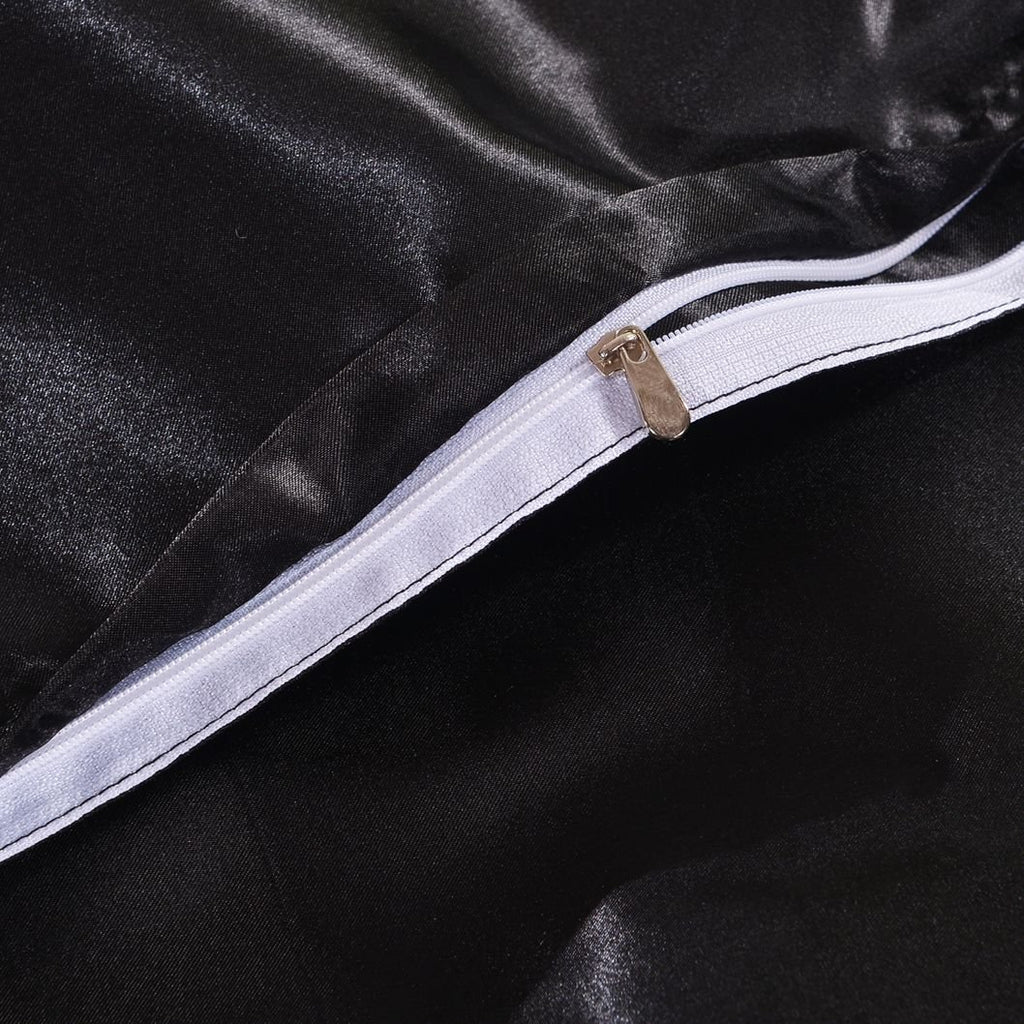 Hotel Quality Solid Silver Black Duvet Cover Set /Single Size Silk Like Satin Bedding with Hidden Zipper Ties