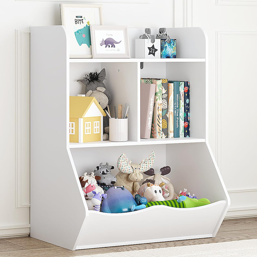 Kids Bookshelf and Toy Storage Organizer, 3 Cubby Kids Bookcase with Open Toy Cabinet, White