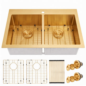 33"x22" Gold Drop in Double Bowls Kitchen Sink, 33 inch Kitchen Sink