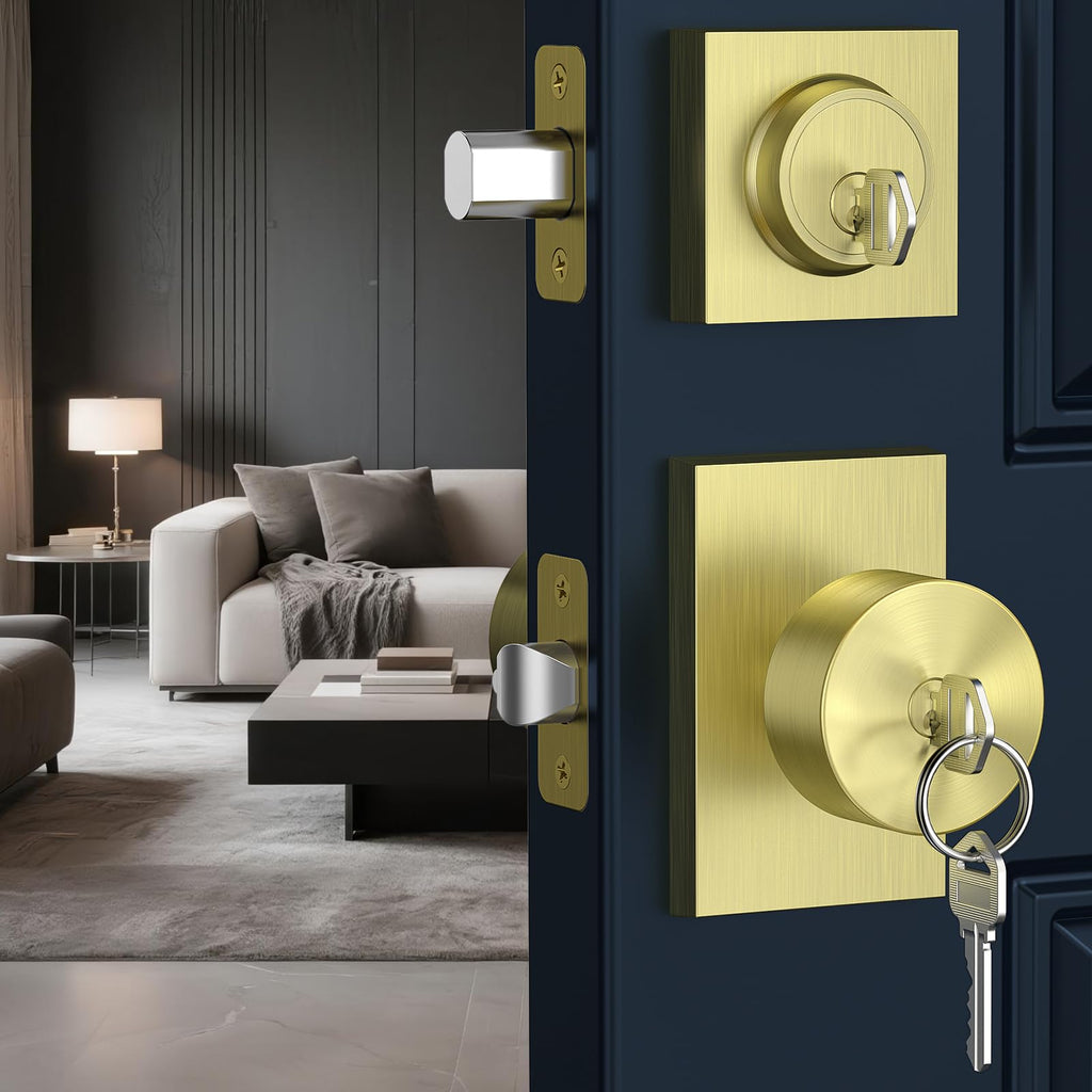 Exterior Door Knob and Deadbolt Set, 2 Pack Gold Front Door Lock Set Exterior, Keyed Alike Entry Door Knob for Right