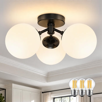 3 Light Mid Century Modern Black Semi Flush Mount Ceiling Light Milk Glass Globe Ceiling Lights Black Chandelier 3