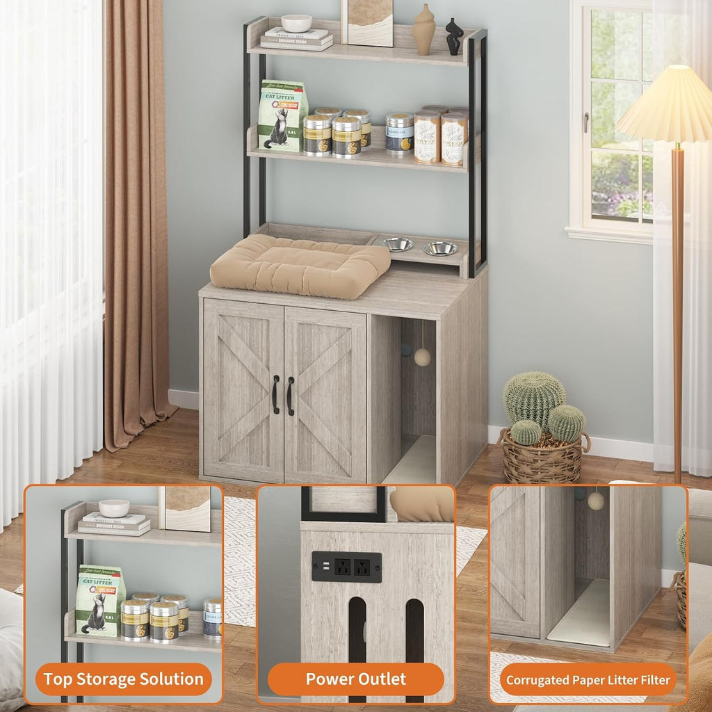 Cat Litter Box Enclosure, 55" Hidden Cabinet w/Storage & Charging, Gray