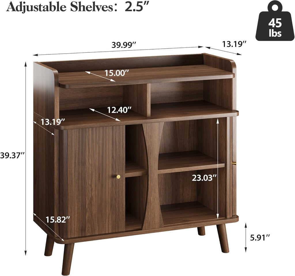 39" Buffet Sideboard Cabinet, Mid Century Modern Console Cabinet with Roller Shutter Sliding Doors & Adjustable