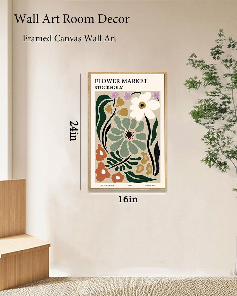Framed Flower Market Wall Art,Green Vintage Botanical Canvas Wall Decor Paintings,Boho Floral Posters Prints Pictures