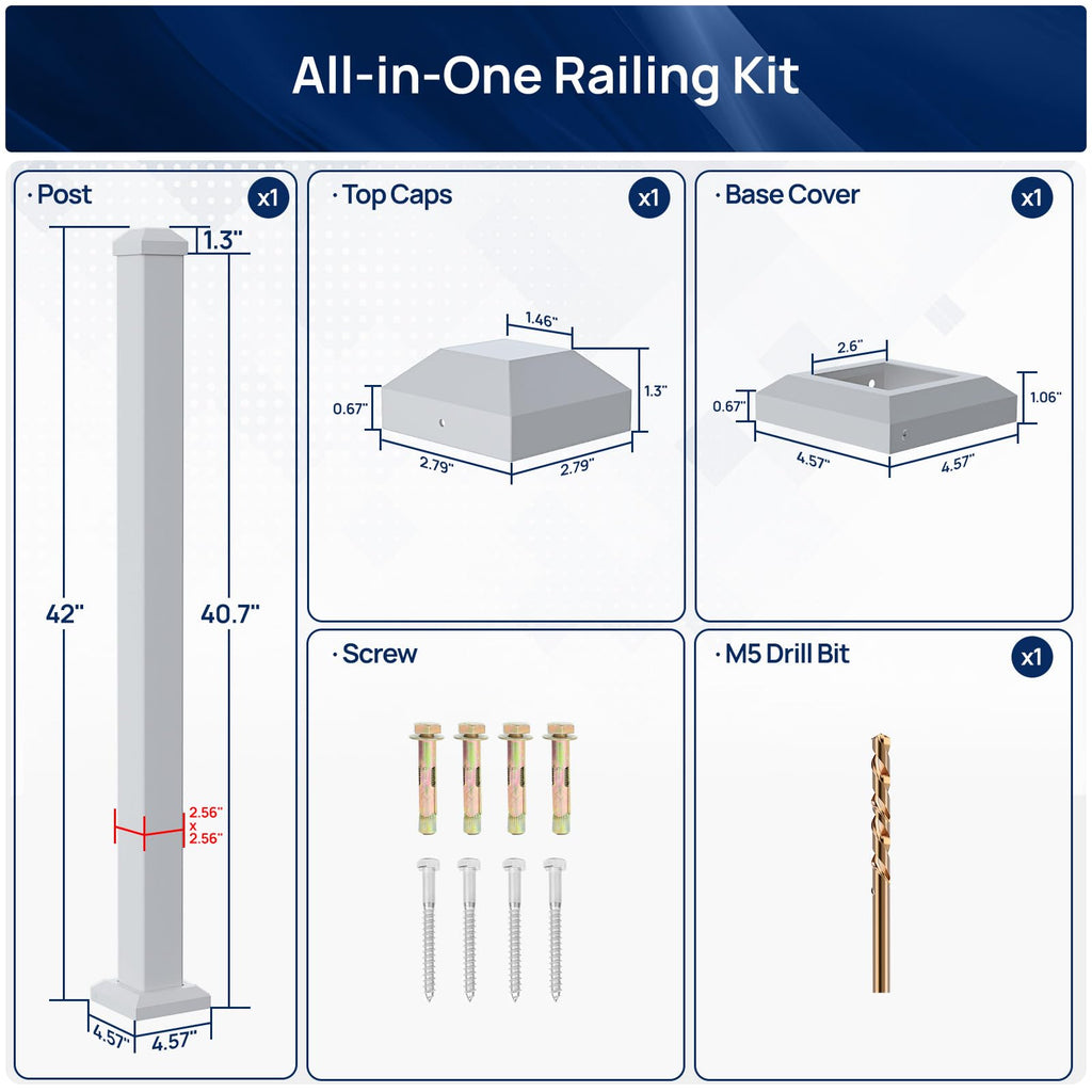 2.56in x 2.56in x 42.5in Aluminum Railing Post with Drill Bit, White