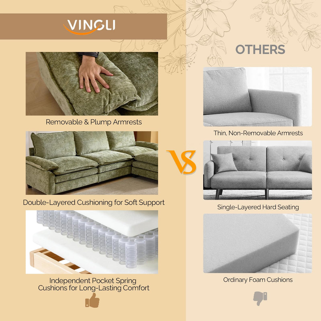 122" Cloud Double-Layer Deep Convertible Sectional Sofa, Comfy L-Shape 3-Seat Couches, Modern Couch with Movable