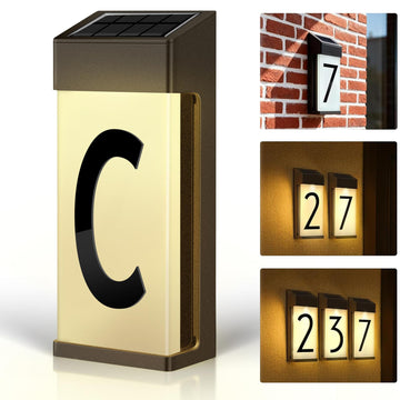 Solar Lighted House Numbers, Letter C, Outside Address Sign, Precision Aluminum Frosted Glass Construction, Automatic