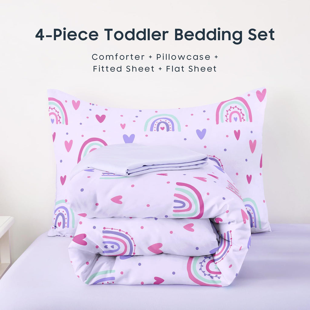 Toddler Bedding Set for Girls, Dreamy Cute Rainbow Heart, 4 Pieces Soft Crib Bed Set Including Comforter, Sheets and