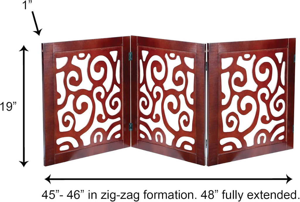 Pet Gate for Dogs - Free-Standing & Foldable - Decorative Scroll Wooden Fence Barrier - Stairs & Doorways (Mahogany)
