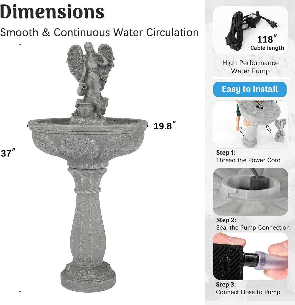 37" Outdoor Water Fountain, Angel Fountain with Pouring Water | Single-Tier Pedestal Water Feature, Resin &