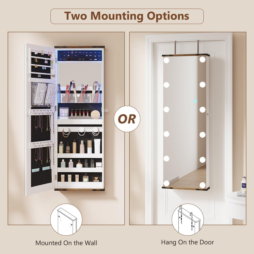 Over the Door Jewelry Cabinet with Mirror, 12 Hollywood Bulbs, Lock