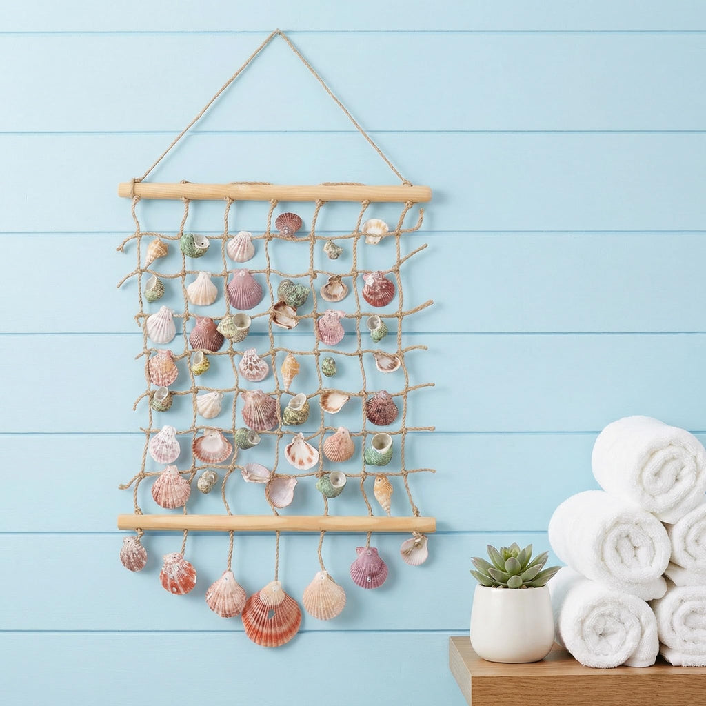 Sea Shell Wall Hanging Decor: Beach Ocean Macrame Wall Hanging Seashell Decor Coastal Beach Themed Room - 20x15 Inch