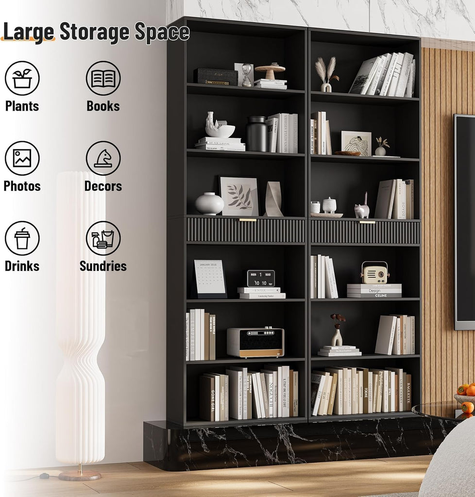 72" Tall Bookshelf with Storage, 7-Tier Bookcase Fluted with Drawer, Display Book Shelf Book Organizer with Anti-tip