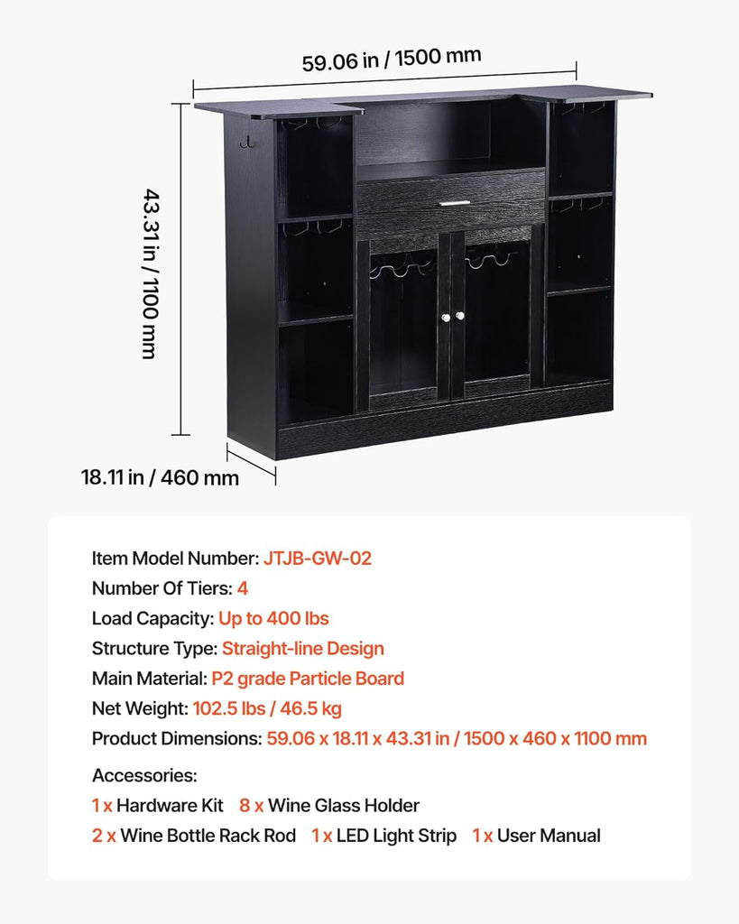 Home Bar Unit, Wine Bar Cabinet Table 4-Tier with Storage Drawer Shelves, Wine Glass Holder, Bottle Rack, LED Light